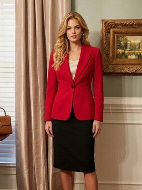 NWOT Women's Kasper Power Suit Petite Red Jacket Blazer 8P Black Skirt 10P